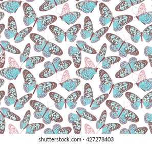 Beautiful pattern with flying turquoise butterflies. Small blue butterfly. White background. The elegant the template for fashion prints. Vintage textures.
