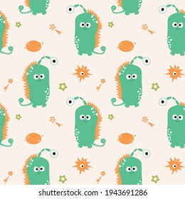 Beautiful pattern with funny aliens on colorful background. Funny greeting quote. Vector drawing. Space poster set. Drawing style.