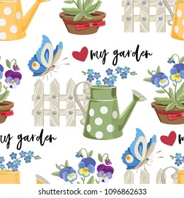 Beautiful pattern of gardening. Flowers and watering cans. Lovely garden seamless pattern. Spring flowers wallpaper. Floral texture. Gardening tools background