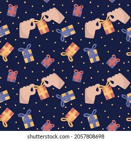 Beautiful pattern with gifts. Hands unties the packing tape. The surprise is inside. Cute boxes with festive packaging in the form of a background. Vector illustration