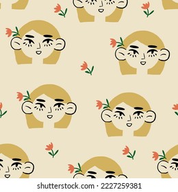 Beautiful pattern with a girl in flowers with blond hair. Vector seamless texture.