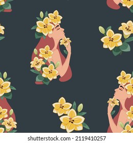 Beautiful pattern with a girl in flowers. Vector seamless texture.