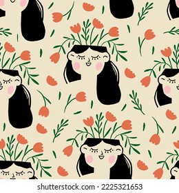 Beautiful pattern with a girl in flowers. Vector seamless texture.