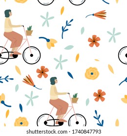 Beautiful pattern with girl on the bike and bright flowers.  