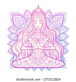 Beautiful pattern. Girl in a yoga pose. Meditation. Vector illustration in ethnic, boho styles. For decorate the studio, logo, things: Mat, lengsy, bottle, T-shirt.