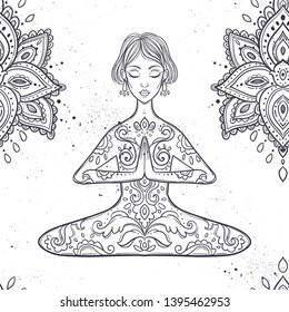 Beautiful pattern. Girl in a yoga pose. Meditation. Vector illustration in ethnic, boho styles. For decorate the studio, logo, things: Mat, lengsy, bottle, T-shirt.