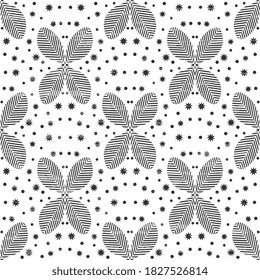 Beautiful pattern of gray openwork leaves, stars and polka dots on a white background, textured. Vector seamless illustration for your surface.