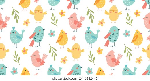 A beautiful pattern of green and azure birds, orange flowers, and leaf details on a white background. The textile design showcases creativity and the beauty of nature in an artistic way