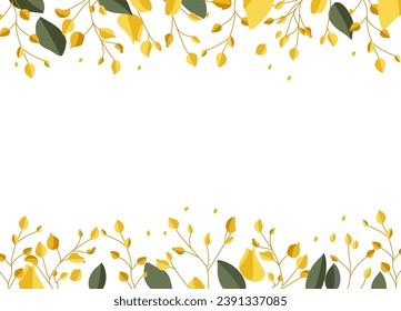 Hermoso patrón con hojas verdes y ramas amarillas sobre un fondo blanco con espacio para texto, vector.