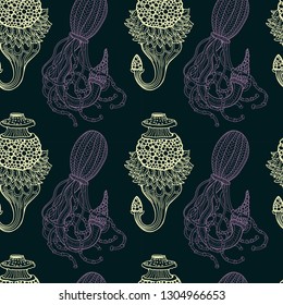 Beautiful pattern with hand drawn jellyfish. Doodle style. Dark