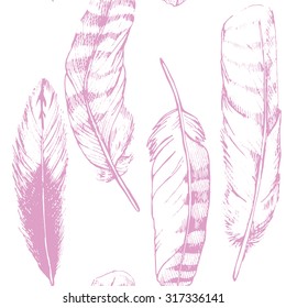 Beautiful pattern of hand-drawn feathers. Beautiful delicate design for invitations, newborn designs.
