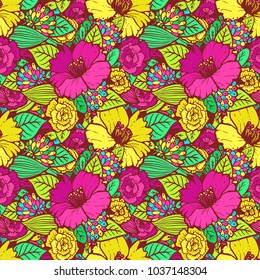 A beautiful pattern of hand-drawn flowers. Bright colors. Beautiful pattern for background, paper, etc