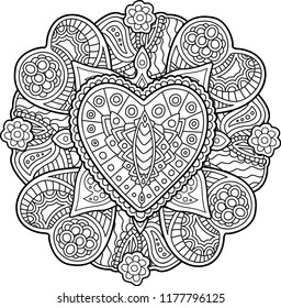 Beautiful pattern with heart for coloring book page