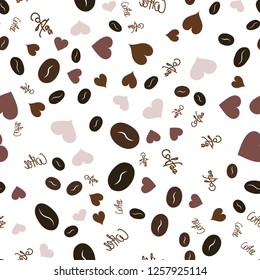 Beautiful Pattern with Heart, text and coffee. Elements are not cropped. Pattern under the mask. Vector. Perfect design for textile, box, posters, cards, web etc.