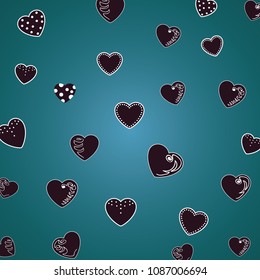 Beautiful pattern hearts on a dark green, malachite background. For textiles, fabrics. Romantic cute print, texture. Vector.