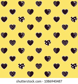 Beautiful pattern: hearts on a yellow background. For textiles, fabrics. Romantic cute print, texture. Vector.