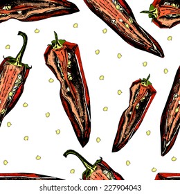 Beautiful pattern with hot peppers. The template can be used for packaging, printing on cups, bags, wallpaper, textiles.