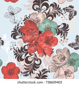 Beautiful pattern illustration with hand drawn poppy flowers in vintage style for design