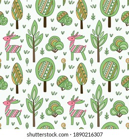 Beautiful pattern with the image of a deer in the forest.Vector graphics