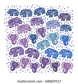 Beautiful pattern Indian Elephant with polka dot ornaments. Hand drawn ethnic tribal decorated Elephant. blue purple lilac contour isolated on white endless background. Vector illustration