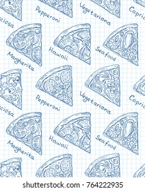 Beautiful pattern of Italian Pizza. Six slices of Margarita, Hawaii, Pepperoni, Vegetarian and Seafood pizza