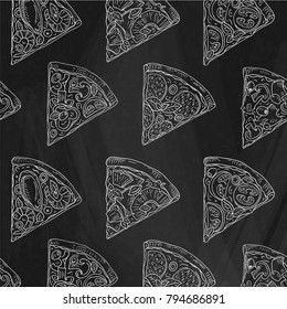 Beautiful pattern of Italian Pizza. Six slices of Margarita, Hawaii, Pepperoni, Vegetarian and Seafood pizza. Chalk and Chalkboard