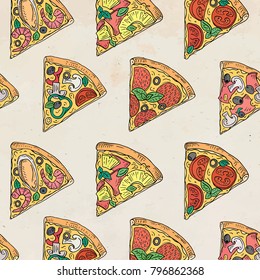 Beautiful pattern of Italian Pizza. Six slices of Margarita, Hawaii, Pepperoni, Vegetarian and Seafood pizza