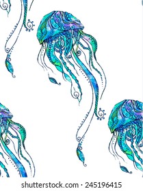 Beautiful pattern with jellyfish. Card of jellyfish made in vector. Watercolor  pattern, design, birthday other holiday, background for web pages. Bright illustration