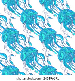 Beautiful pattern with jellyfish. Card of jellyfish made in vector. Perfect  pattern, design, birthday other holiday, background for web pages. Bright illustration