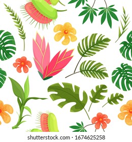 Beautiful pattern with jungle leaves, flowers. Vector pattern with jungle plants for decoration and design concept for invitations, wedding cards, banners. Summer forest plants isolated background.