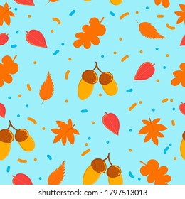 
beautiful pattern with leaves, mushrooms and acorns, autumn,