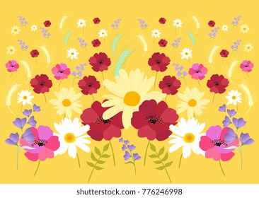 Beautiful pattern with lilac bell flowers, red and pink poppies, chamomile and wheat ears on yeloow.
Endless vector background. Print for fabric, wrapping design.