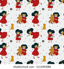 beautiful pattern with a little girl in a red dress playing with a bunch of toys. seamless vector pattern with fun illustration for kids, designed for wallpapers, prints, kids textiles