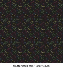 Beautiful pattern made out of small flowers and leaves against a black background.