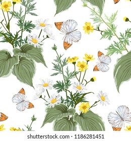 Beautiful pattern with many kinds of plants, herbs, flowers and butterflies. Vector seamless background.