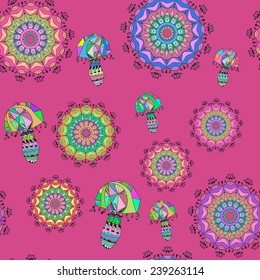 Beautiful pattern with mushroom. Card of mandala made in vector. Kaleidoscope, india. Perfect cards, or for any other kind of design, birthday, other holiday. Bright psychedelic mosaic illustration 