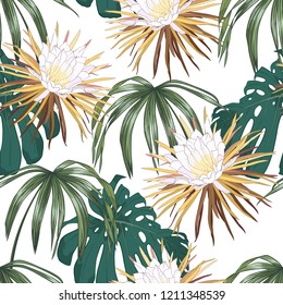Beautiful pattern and night  blooming cereus flowers  monstera   palm leaves white background  Stylish seamless vector background 