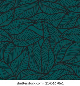 Beautiful pattern on a green background with hand-drawn leaves. Pattern for clothes, wrapping paper.