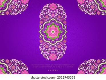 Hermoso patrón sobre un fondo púrpura. Vector mandala Plantilla. Elementos de diseño dorados. Motivos tradicionales turcos e indios. Ideal para la tela y la materia textil, el Fondo de pantalla, el embalaje o cualquier idea deseada.