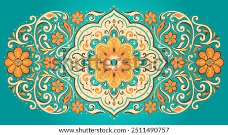 Beautiful pattern on a turquoise background. Vector mandala template. Golden design elements. Traditional Turkish motifs. Great for fabric and textile, wallpaper, packaging or any desired idea.