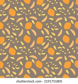 Beautiful pattern of orange autumn leaves on a brown background. For fabrics and wraps. natural motive. Vector.
