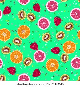 Beautiful pattern with orange, grapefruit, kiwi and strawberries. Fruit cocktail with ice cubes.