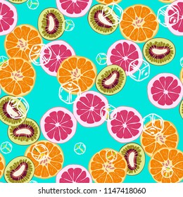Beautiful pattern with orange, grapefruit, kiwi. Fruit cocktail with ice cubes.
