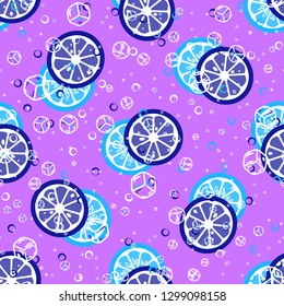Beautiful pattern with orange, grapefruit, kiwi. Fruit cocktail with ice cubes.