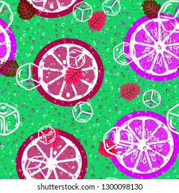 Beautiful pattern with orange, grapefruit, kiwi. Fruit cocktail with ice cubes.