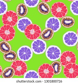 Beautiful pattern with orange, grapefruit, kiwi. Fruit cocktail with ice cubes.