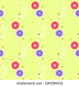 Beautiful pattern with orange, grapefruit, kiwi. Fruit cocktail with ice cubes.