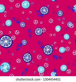 Beautiful pattern with orange, grapefruit, kiwi. Fruit cocktail with ice cubes.