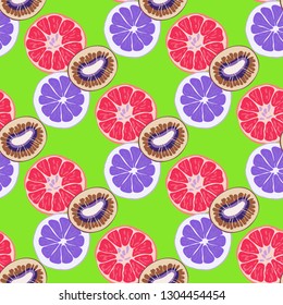 Beautiful pattern with orange, grapefruit, kiwi. Fruit cocktail with ice cubes.