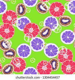 Beautiful pattern with orange, grapefruit, kiwi. Fruit cocktail with ice cubes.